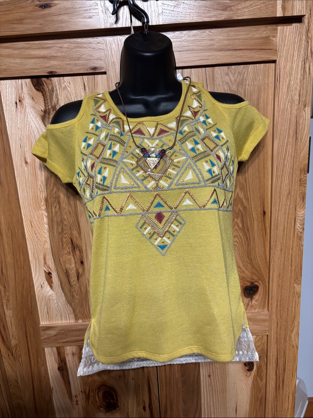 Beautees Yellow Cold-Shoulder Embroidered Gemstone Top